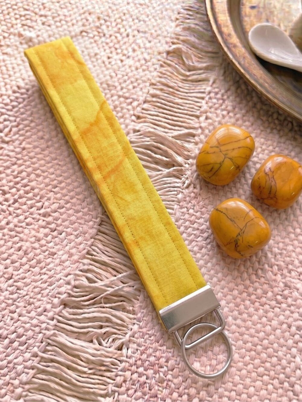 New Handmade Sunny Yellow Marbled Tonal Fabric Key Fob Wristlet Keychain